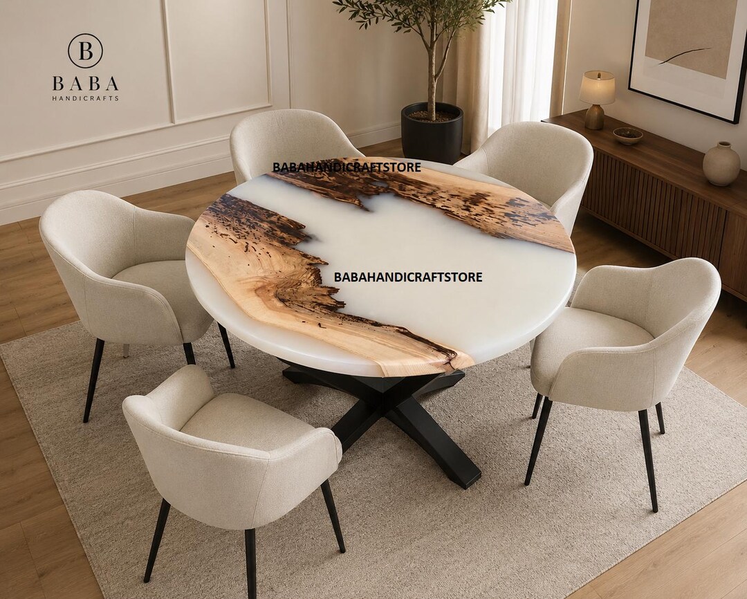 Round Pearl White Epoxy River Dining Table Top | Live Edge Wood