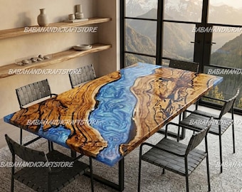 Luxury Blue Epoxy River Dining Table, Handcrafted Live Edge Wood Table, Premium Solid Wood Resin Table, Modern Kitchen & Dining Room Table |