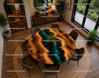 Round Live Edge Epoxy River Dining Table | Burl Wood Resin Conference Table | Luxury Circular Kitchen Table | Unique Dining Room Tabletop |