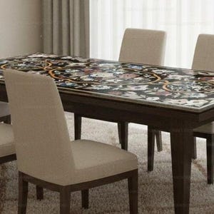 Handmade Floral Inlay Marble Dining Table | Black Stone Pietra Dura Tabletop | Luxury Home Decor Furniture Artistic Stone Inlay Table Top | image 5