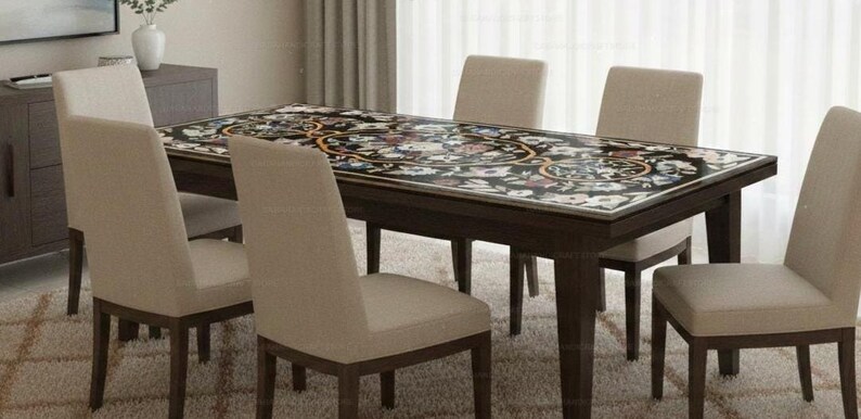 Handmade Floral Inlay Marble Dining Table | Black Stone Pietra Dura Tabletop | Luxury Home Decor Furniture Artistic Stone Inlay Table Top | image 5
