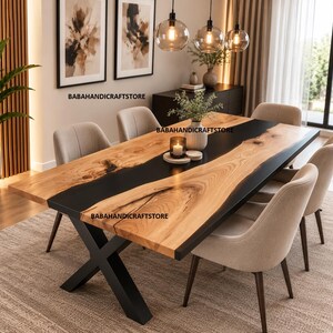 Live Edge Ash Wood Black Epoxy River Dining Table Top, Handmade Resin Table
