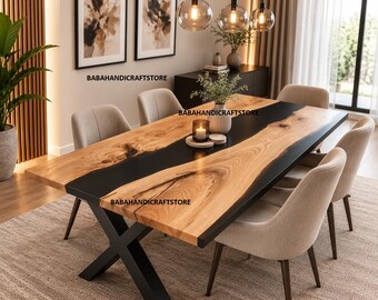 Live Edge Ash Wood Black Epoxy River Dining Table Top, Handmade Resin Table