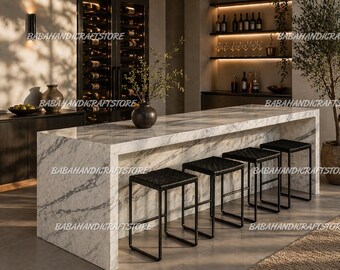 Modern Marble Kitchen Island, White Carrara Stone Dining Table, Luxury Marble Breakfast Bar, Minimalist Counter Height Dining Table Top |