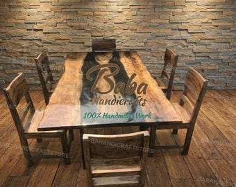 ハンドメイドのライブエッジウッドエポキシリバーダイニングテーブル | 無垢材カスタム家具 ライブエッジウォールナットウッド – 自宅やオフィスに最適なモダンなテーブル |