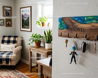 Luxury Handmade Wooden & Resin Key Holder for Wall – Home Entryway Organizer with Hooks – Rustic Modern Key Rack – Functional Wall Decor |