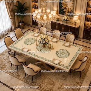 Luxury White Marble Dining Table Inlay Work, Pietra Dura Inlaid Coffee Table, Handcrafted Custom Large Conference Dining Table Top |