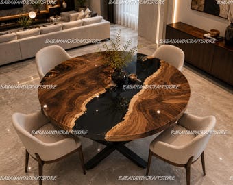 Round Epoxy Resin Dining Table, Live Edge Walnut River Table, Luxury Round Wood Decor Luxury Room Table, Custom Kitchen Coffee Tabletop |