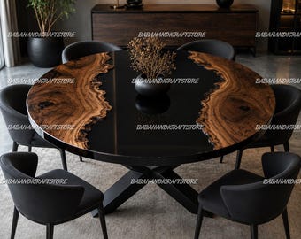 Round Wood Epoxy Resin Table, Black River Dining Table, Live Edge Wood Table, Modern Walnut Round Table, Handmade Luxury Center Tabletop |