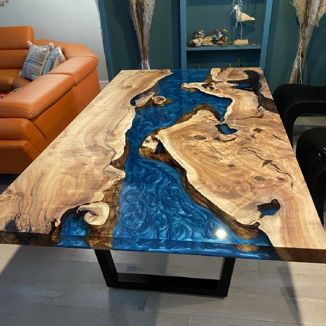 Custom Epoxy River Table – Natural Wood Dining Table – Handmade Resin Furniture for Modern Home