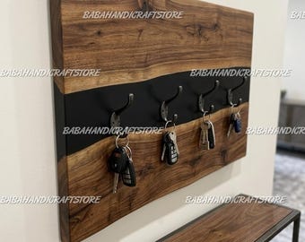 Live Edge Walnut Key Holder for Wall, Black Epoxy River, Rustic Entryway Organizer, Modern Wood Key Hanger, Housewarming Gift Key Holder |