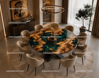 Luxury Round Epoxy Resin Dining Table, Burl Wood & Teal Resin River Table, Custom Live Edge Dining Room Table, Large Conference Table |