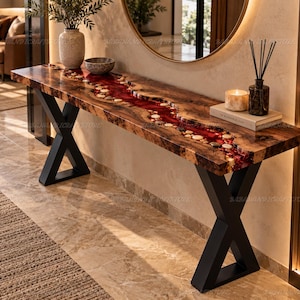 Handcrafted Red Epoxy River Console Table, Live Edge Wood, River Stone Inlay