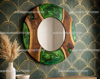 Luxury Green Resin & Natural Wood Round Mirror, Handmade Wall Mirror, Statement Entryway Decor, Living Room Accent, Bathroom Vanity Mirror |