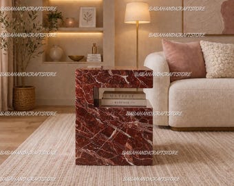 Modern Rosso Levanto  Side Table - Modern  End Table for Living Room - Side Table Stone Nightstand - Handcrafted Home Décor C-Shaped Table |