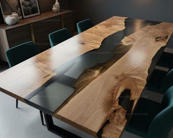 Handmade Live Edge Wood & Black Epoxy River Dining Table | Modern Luxury Resin Table Custom Live Edge Epoxy River Coffee Dining Table Top |