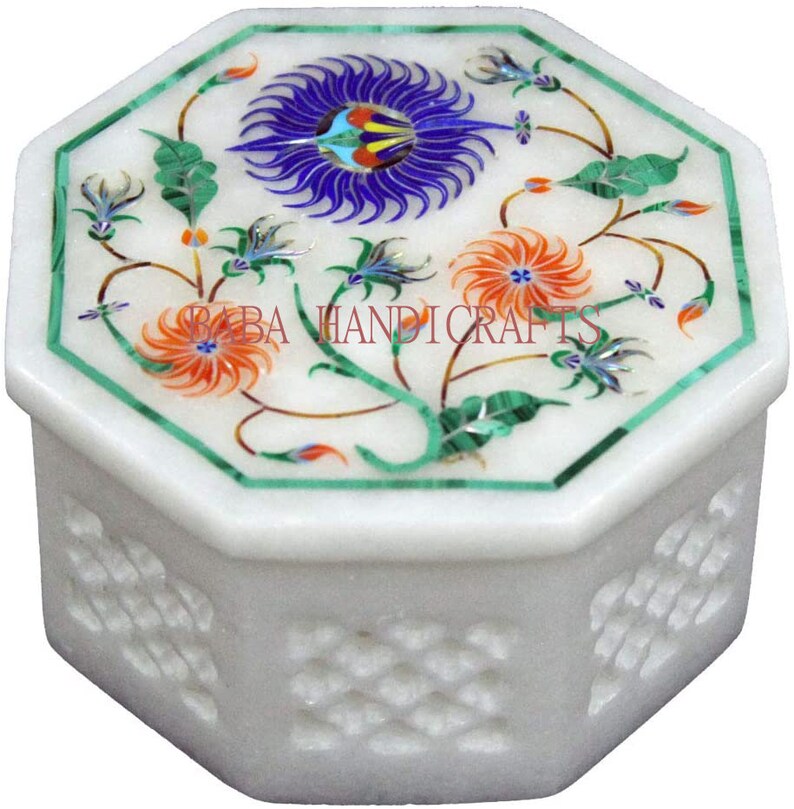 3x3x2 Marble Jewelry Storage Beautiful Box Paua Shell Precious Inlay Floral Art Gift for Girls