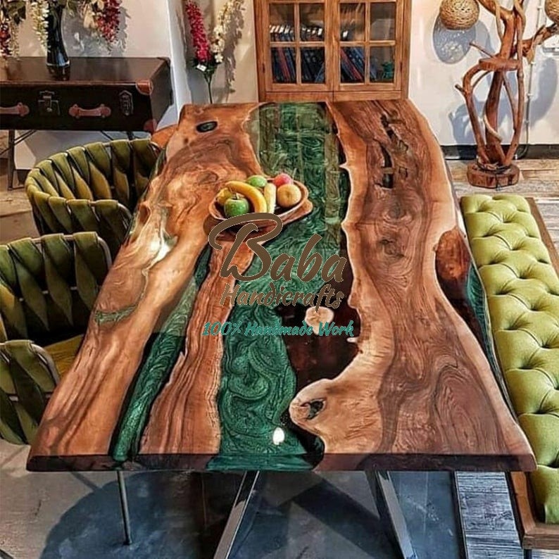 Epoxy Resin River Dining Table with Natural Wood