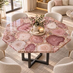 Pink Agate Table Top, Hexagon Agate Dining Table, Natural Gemstone Tabletop, Octagon Stone Table, Luxury Decor Pink Agate Dining Table Top