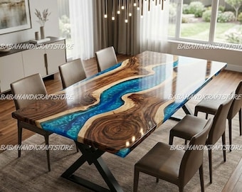 Luxury Epoxy River Dining Table, Solid Wood Live Edge Table Top, Modern Dining Room Table, Handmade Resin Furniture, Statement Kitchen Table