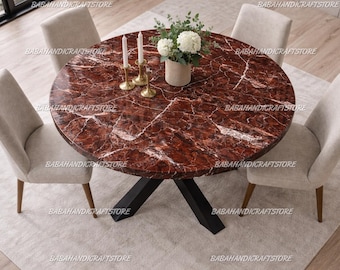 Custom Round Burgundy Marble Table - Rosso Levanto Stone Top - Modern Industrial Dining Table - Handcrafted Stone Home Decor Coffee Table |
