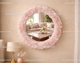 Handmade Rose Quartz Crystal Mirror - Handmade Gemstone Decor - Healing Crystal Mirror Gifts Meditation Room Wall Art - Zen Decor Mirror |