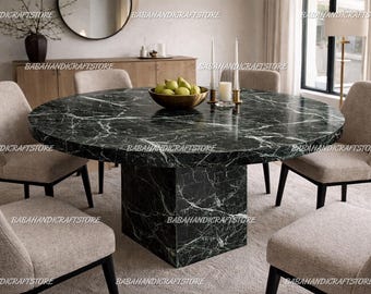 Premium Green Marble Round Dining Table – Solid Stone Pedestal Table, Luxury Home Furniture for Dining Room, Kitchen & Gathering Space Table