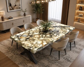 Backlit White Agate Table Top | Polished Gemstone Dining Furniture (Top Only)