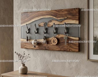 Live Edge Wood Key Holder for Wall, Gray Resin River Key Rack, Modern Rustic Entryway Organizer, Walnut Wood Wall Art, Housewarming Gift |