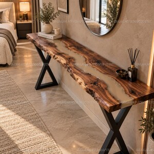 Handmade Live Edge Epoxy River Console Table, Narrow Foyer Entryway Wood Art
