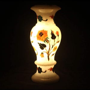 White marble pedestal bud flower vase for home decor perfectly handmade by indian artisans inlaid with semi precious stones flower pot