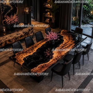 Black Epoxy Resin Acacia Wood River Dining Table, Live Edge Conference Furniture