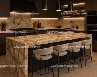 Luxury Gold Vein Marble Kitchen Island Table, Handcrafted Stone Countertop, Modern Waterfall Island, Designer Dining Table, Home Decor Table
