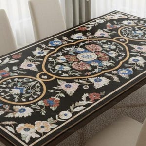 Handmade Floral Inlay Marble Dining Table | Black Stone Pietra Dura Tabletop | Luxury Home Decor Furniture Artistic Stone Inlay Table Top | image 8