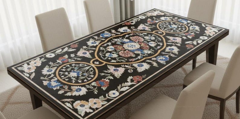 Handmade Floral Inlay Marble Dining Table | Black Stone Pietra Dura Tabletop | Luxury Home Decor Furniture Artistic Stone Inlay Table Top | image 8
