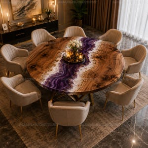 Round Live Edge Wood Epoxy Dining Table | Purple Geode Resin Centerpiece