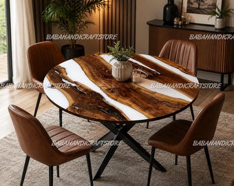Round Burl Wood Epoxy River Dining Table, Live Edge Custom Luxury Kitchen Furniture