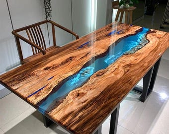 Handmade Blue Epoxy River Table: Custom Live Edge Wood & Resin Tabletop