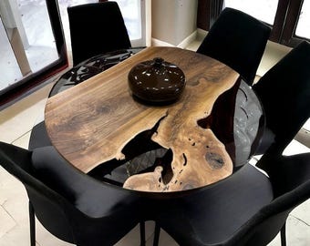 Handmade Acacia Wood River Table Top: Round Epoxy Resin Dining Table
