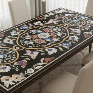 Handmade Floral Inlay Marble Dining Table | Black Stone Pietra Dura Tabletop | Luxury Home Decor Furniture Artistic Stone Inlay Table Top | image 1