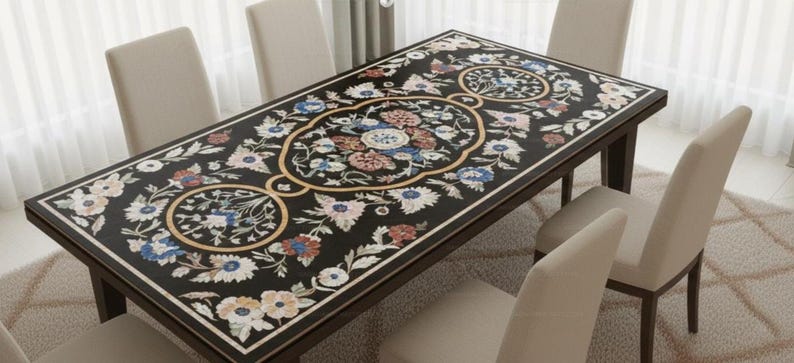 Handmade Floral Inlay Marble Dining Table | Black Stone Pietra Dura Tabletop | Luxury Home Decor Furniture Artistic Stone Inlay Table Top | image 1