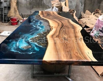 Custom Epoxy River Table – Natural Wood Dining Table – Handmade Resin Furniture for Modern Home