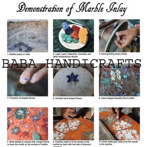 May include: A demonstration of marble inlay techniques. The image shows the process from quarrying marble to the finished product. Includes images of semi-precious stones, hand grinding, and intricate floral motifs. The text reads "Demonstration of Marble Inlay" and "BABA HANDICRAFTS."