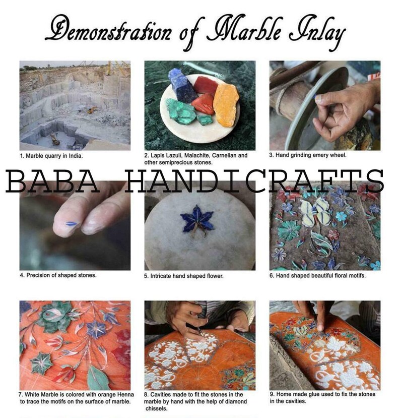 May include: A demonstration of marble inlay techniques. The image shows the process from quarrying marble to the finished product. Includes images of semi-precious stones, hand grinding, and intricate floral motifs. The text reads "Demonstration of Marble Inlay" and "BABA HANDICRAFTS."