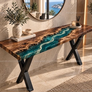Handmade Live Edge Wood Console Table, Teal Epoxy River, Ocean-Inspired Entryway Furniture