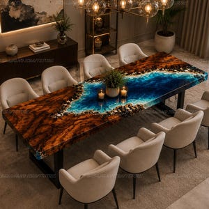 Epoxy River Dining Table | Ocean Resin Wood Table with Stones | Live Edge Walnut Table | Luxury Beach Dining Ocean Epoxy Table with Stones |