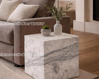 Modern White Marble Cube Side Table - Solid Stone Coffee Table - Minimalist End Table for Living Room - Luxury Handcrafted Coffee Table |