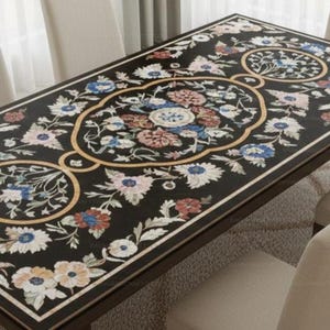 Handmade Floral Inlay Marble Dining Table | Black Stone Pietra Dura Tabletop | Luxury Home Decor Furniture Artistic Stone Inlay Table Top | image 3