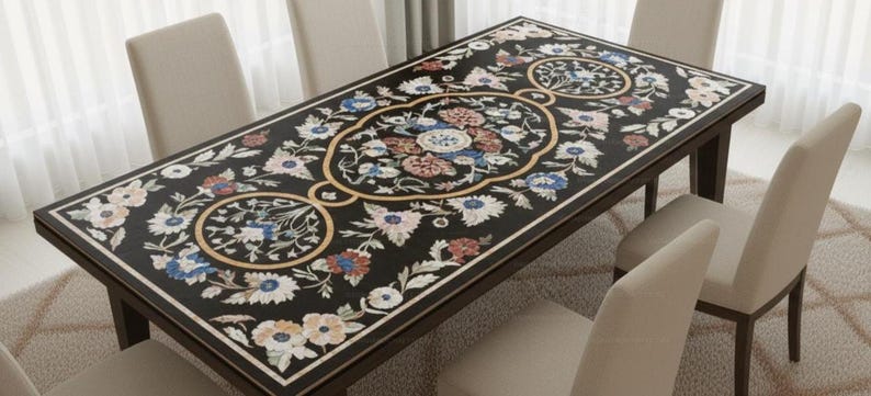 Handmade Floral Inlay Marble Dining Table | Black Stone Pietra Dura Tabletop | Luxury Home Decor Furniture Artistic Stone Inlay Table Top | image 3