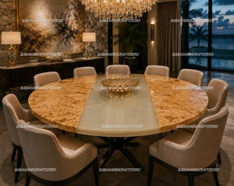 Luxury Round Burl Wood Epoxy Dining Table, Custom Resin River Table, Modern Oval Conference Table, Handmade Live Edge Wood Tabletop |